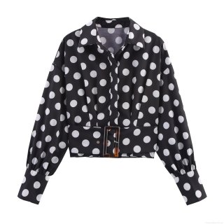 Retro Polka Dot Long Sleeve Blouse For Women Elegant Lapel Waist Cinched Shirt With Amber Resin Buckle Belt Office Commute Polyester Top