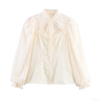 French Style Sweet Milk White Jacquard Long Sleeve Shirt Women Hollow Lace Up Ruffle Stand Collar Blouse Pearl Buttons Spring Slim Fit Elegant Tops