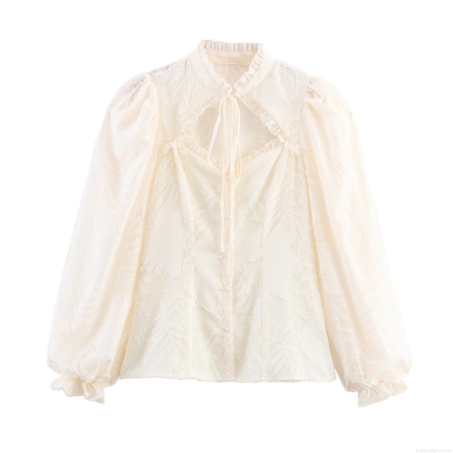 French Style Sweet Milk White Jacquard Long Sleeve Shirt Women Hollow Lace Up Ruffle Stand Collar Blouse Pearl Buttons Spring Slim Fit Elegant Tops