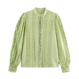 Women's Light Green Long Sleeve Blouse Retro Hollow Out Lace Patchwork Shirt With Pearl Buttons Lantern Sleeve Sweet Elegant Loose Top For Spring