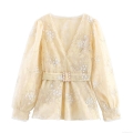 Women Elegant Sequin Mesh V-Neck Blouse With Pearl Buckle Belt Lace Embroidery Long Lantern Sleeve Slim Waist Party Socialite Shirt Top
