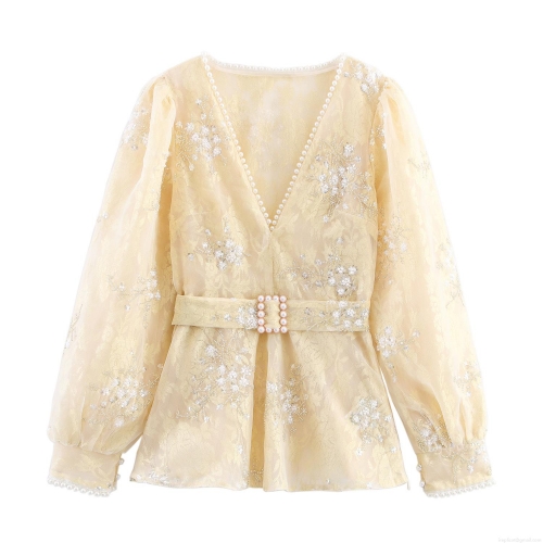 Women Elegant Sequin Mesh V-Neck Blouse With Pearl Buckle Belt Lace Embroidery Long Lantern Sleeve Slim Waist Party Socialite Shirt Top
