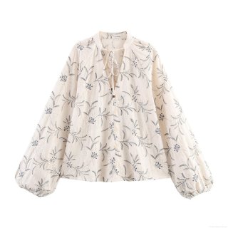 Women's V-Neck Floral Embroidery Blouse Lantern Sleeve Loose Faux Linen Polyester Shirt With Wooden Bead Ties For Spring Summer Casual Boho Ethnic Style