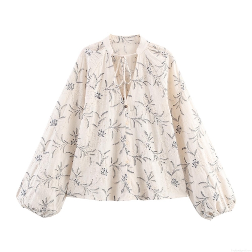 Women's V-Neck Floral Embroidery Blouse Lantern Sleeve Loose Faux Linen Polyester Shirt With Wooden Bead Ties For Spring Summer Casual Boho Ethnic Style