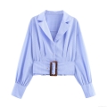 Women's Striped Long Sleeve Shirt Suit Collar Cropped Blouse With Wide Belt And Tortoiseshell Buckle For Office Commute Elegant Slim Fit Polyester Top