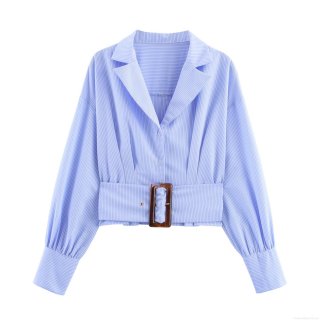 Women's Striped Long Sleeve Shirt Suit Collar Cropped Blouse With Wide Belt And Tortoiseshell Buckle For Office Commute Elegant Slim Fit Polyester Top