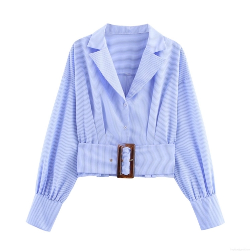 Women's Striped Long Sleeve Shirt Suit Collar Cropped Blouse With Wide Belt And Tortoiseshell Buckle For Office Commute Elegant Slim Fit Polyester Top