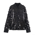 Women's Black Sequin Long Sleeve Shirt Lapel Single Breasted Blouse For Party Night Out Clubwear Shiny Polyester Top Loose Fit Casual Chic