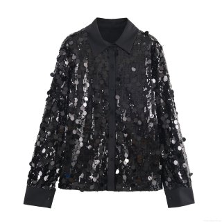 Women's Black Sequin Long Sleeve Shirt Lapel Single Breasted Blouse For Party Night Out Clubwear Shiny Polyester Top Loose Fit Casual Chic