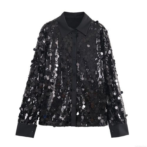 Women's Black Sequin Long Sleeve Shirt Lapel Single Breasted Blouse For Party Night Out Clubwear Shiny Polyester Top Loose Fit Casual Chic