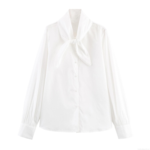 Women's Elegant Long Sleeve White Blouse With Lace Trim Pearl Button Scarf Collar Bow Tie Sweet Polyester Shirt Top For Daily Commute Office Lady