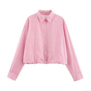 Women's Sweet Pink White Striped Long Sleeve Blouse Fashion Lapel Single Breasted Shirt With Elastic Hem Puff Sleeve Style Casual Top For Daily Wear