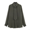 Women's Retro Striped Long Sleeve Shirt With Tie Chic Polyester Vertical Stripe Blouse Top For Work Party Office Retro Neutral Style