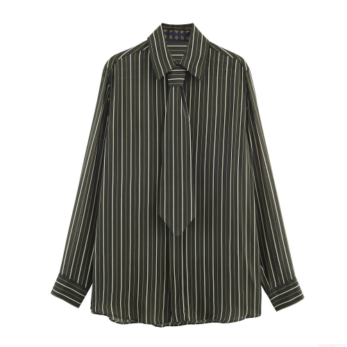 Women's Retro Striped Long Sleeve Shirt With Tie Chic Polyester Vertical Stripe Blouse Top For Work Party Office Retro Neutral Style