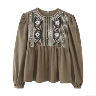 Women's Embroidery Blouse Ethnic Bohemian Round Neck Long Sleeve Loose Linen Feel Polyester Shirt For Daily Vacation Women Top