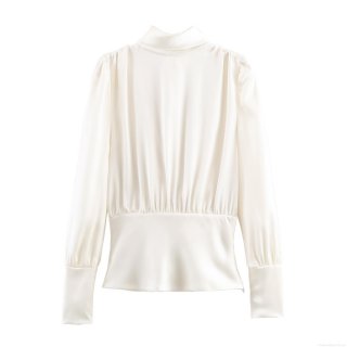 Women's Satin Silk Texture Bow Tie Backless Blouse Sexy Long Sleeve Pleated Blouse For Elegant Party Commute Office Lady Tops