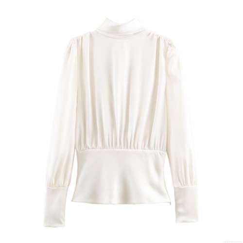 Women's Satin Silk Texture Bow Tie Backless Blouse Sexy Long Sleeve Pleated Blouse For Elegant Party Commute Office Lady Tops