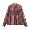 Women's Bohemian Paisley Print Chiffon Blouse Vintage Lace Stitching Ruffle Long Sleeve Shirt Stand Collar Loose Casual Tops
