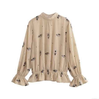 Women's Elegant Sequin Flower Embroidery Blouse 100% Polyester Chiffon Shirt Stand Collar Long Sleeve Smocked Top With Ruffled Cuffs For Daily Party Apricot Beige