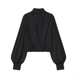 Women's Elegant Black Pleated Chiffon Blouse Sheer Long Sleeve Tie Neck Bow Shirt Streetwear Party Tops