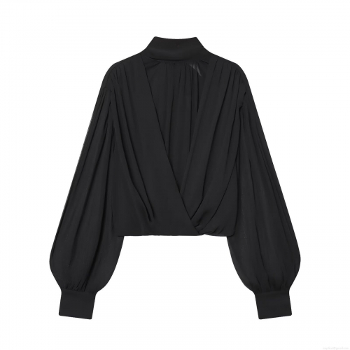 Women's Elegant Black Pleated Chiffon Blouse Sheer Long Sleeve Tie Neck Bow Shirt Streetwear Party Tops