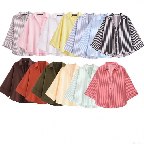 Women's Casual Linen Blend Blouse Loose Fit Oversized V-Neck Button Down Striped Solid Shirt Summer Spring Comfort Tops