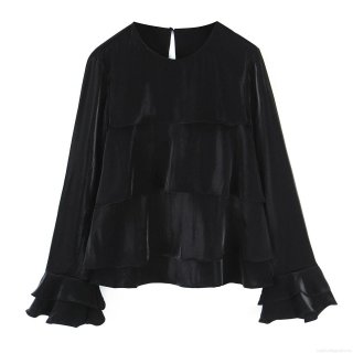 Women Elegant Round Neck Long Sleeve Satin Blouse Solid Color Layered Ruffle Decoration Top Casual Office Street Style Loose Shirt For Lady