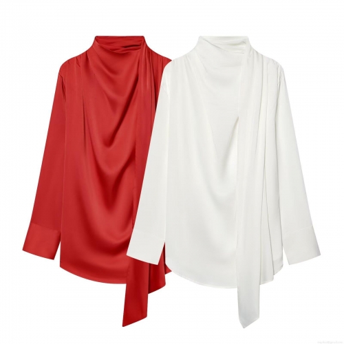 Women's Satin Silk-Like Blouse Elegant Tie Neck Stand Collar Long Sleeve Shirt Pullover Top for Commuting Daily Wear Street Fashion