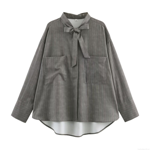 Women's Vertical Striped Long Sleeve Blouse Bow Tie Neck Woven Shirt With Two Pockets Casual Street Style Tops For Female