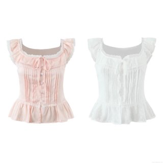 Women's Lace Splicing Square Neck Peplum Top Sweet Lolita Style Short Sleeve Blouse With Bow Tie Button Front Polyester Dot Pattern Shirt For Women Daily Party Summer Spring