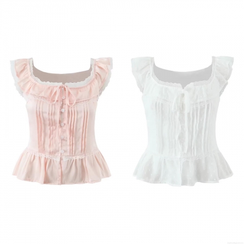 Women's Lace Splicing Square Neck Peplum Top Sweet Lolita Style Short Sleeve Blouse With Bow Tie Button Front Polyester Dot Pattern Shirt For Women Daily Party Summer Spring