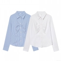 Women's Ruched Long Sleeve Shirt Slim Fit Waist-Cinching Cotton Blend Striped Solid Blouse Lapel Neck Office Lady Casual Autumn Tops