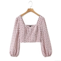 Women Square Neck Pink Polka Dot Long Puff Sleeve Blouse Smocking Detail European Style Spring Autumn Slim Fit Crop Top Shirt