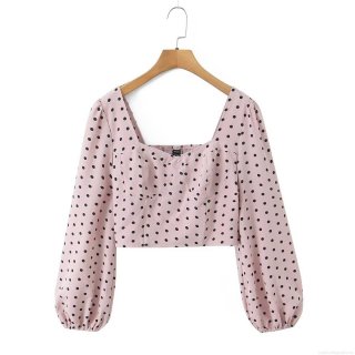 Women Square Neck Pink Polka Dot Long Puff Sleeve Blouse Smocking Detail European Style Spring Autumn Slim Fit Crop Top Shirt