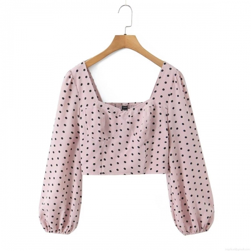 Women Square Neck Pink Polka Dot Long Puff Sleeve Blouse Smocking Detail European Style Spring Autumn Slim Fit Crop Top Shirt