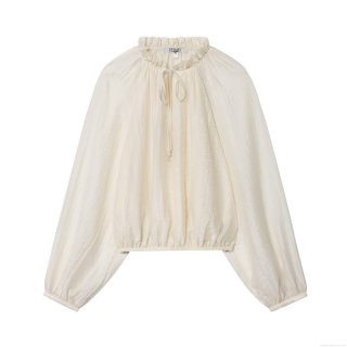 Women's Ruffled Stand Collar Puff Sleeve Blouse Crinkled Texture Translucent Lace-up Shirt Elegant Solid Color Long Sleeve Top For Daily Party Ladies