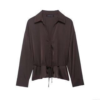 Women's Satin Silk-like Long Sleeve Shirt V-Neck Tie Waist Drawstring Blouse Solid Color Elegant Streetwear Spring Tops