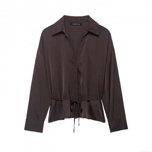 Women's Satin Silk-like Long Sleeve Shirt V-Neck Tie Waist Drawstring Blouse Solid Color Elegant Streetwear Spring Tops