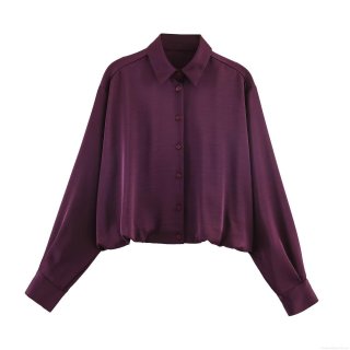 Women's Long Sleeve Satin Shirt Lapel Single Breasted Crop Top Western Style Elegant Silky Blouse for Daily Streetwear Party Office