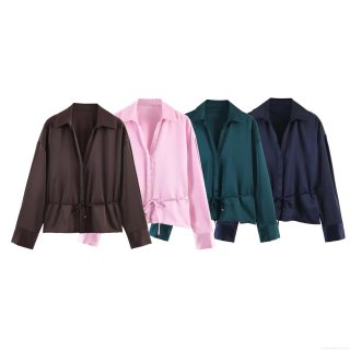 Women's Satin Texture Lace Up Blouse Shirt Long Sleeve Lapel V Neck Solid Color Elegant Office Casual Top With Metal Buckle Tips For Daily Dating