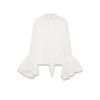 Women Elegant White Lace Blouse Long Flare Sleeve Patchwork Shirt Retro Half High Neck Stand Collar Tie Hem Sheer Tops For Streetwear Party Daily