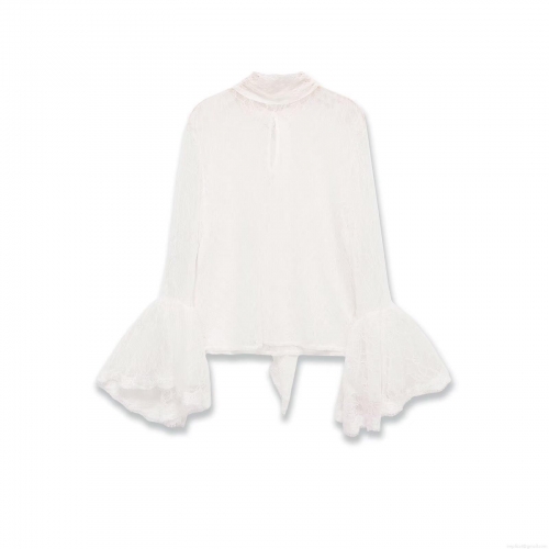 Women Elegant White Lace Blouse Long Flare Sleeve Patchwork Shirt Retro Half High Neck Stand Collar Tie Hem Sheer Tops For Streetwear Party Daily