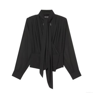 Elegant Women Black Pleated Blouse With Bow Tie Neck Long Sleeve Slim Fit Polyester Chiffon Shirt For Office Daily Party Streetwear