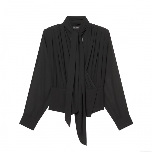 Elegant Women Black Pleated Blouse With Bow Tie Neck Long Sleeve Slim Fit Polyester Chiffon Shirt For Office Daily Party Streetwear