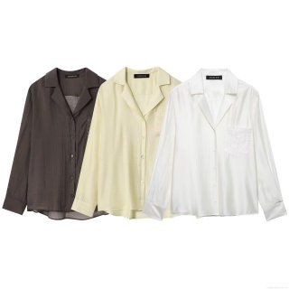 Women's Elegant Satin Button Down Shirt Loose Fit Embroidery Pocket Blouse Long Sleeve Lapel Polyester Satin Top For Daily Office Street Style