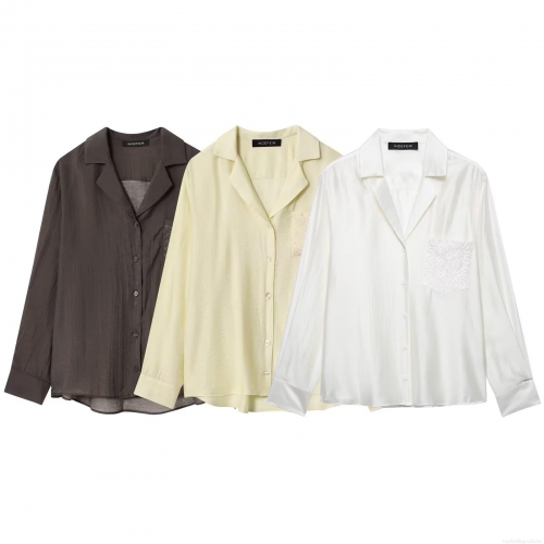 Women's Elegant Satin Button Down Shirt Loose Fit Embroidery Pocket Blouse Long Sleeve Lapel Polyester Satin Top For Daily Office Street Style