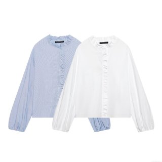 Women's Fashion Casual Layered Ruffle Poplin Shirt 100% Polyester Lantern Sleeve Stand Collar Striped Solid Blouse Tops For Women Streetwear Chic