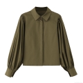 Women's 100% Cotton Poplin Puff Sleeve Blouse Elegant Lapel Polo Collar Hidden Placket Loose Long Sleeve Shirt Solid Olive Green Casual Chic Streetwear Top