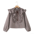 French Retro Gingham Ruffle Blouse 100% Cotton Long Sleeve Neck Tie Shirt For Women Casual Chic Plaid Streetwear Autumn Tops
