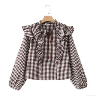 French Retro Gingham Ruffle Blouse 100% Cotton Long Sleeve Neck Tie Shirt For Women Casual Chic Plaid Streetwear Autumn Tops